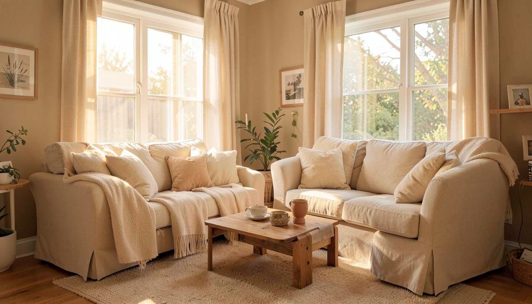 A cozy living room with warm sunlight streaming through windows, soft beige and cream tones, peaceful home-care mood