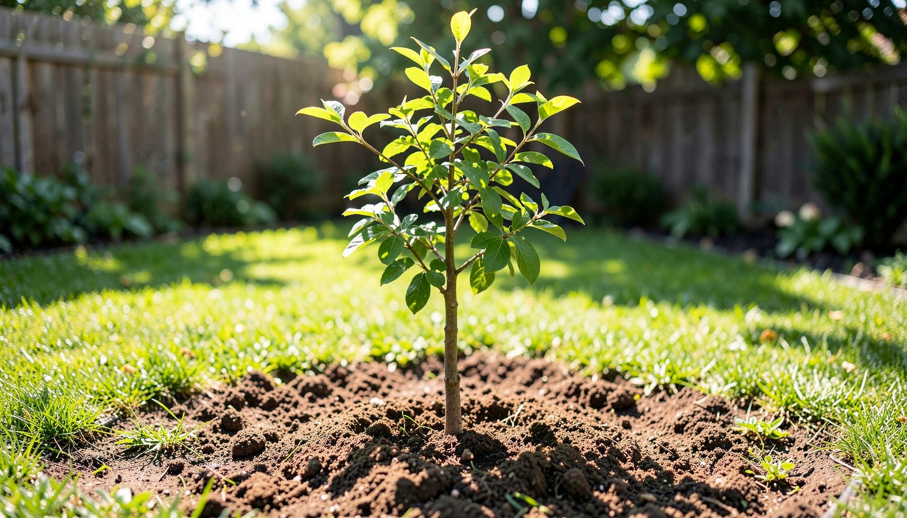A young tree being planted in a sunny backyard with fresh soil, green and brown earthy tones