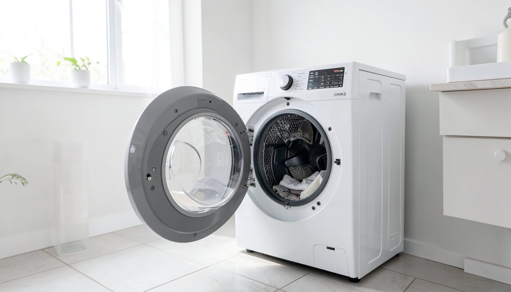 A modern clothes dryer with its door open in a bright laundry room, clean white and soft gray tones