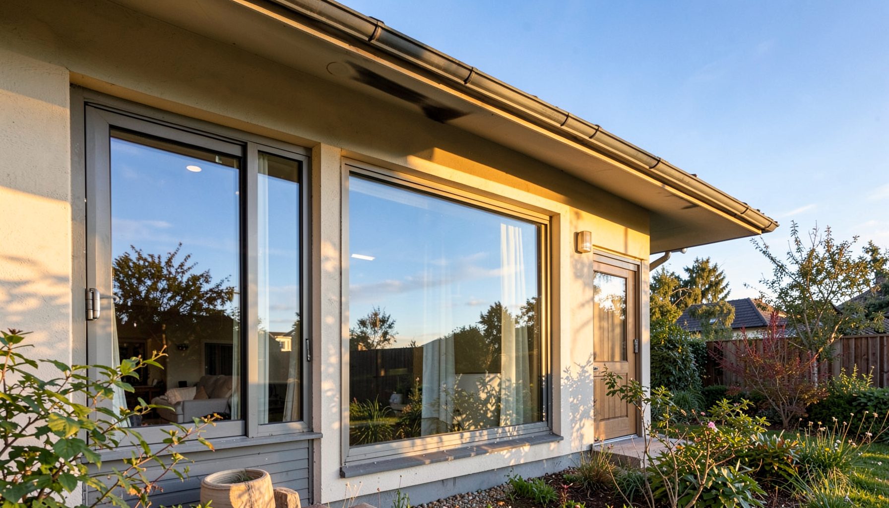 A house exterior with large windows reflecting blue sky, warm afternoon light, residential and airy mood